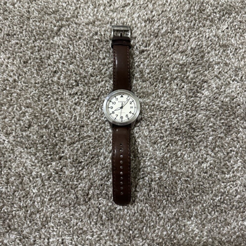Fossil AM4514 Men's Watch Analog Black Dial Date Display Leather Band Brown B894